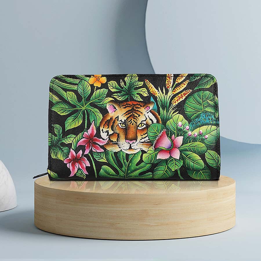 Portable Hand Printed Royal Bengal Tiger Theme Jewellery Organiser (Size 22x13x3Cm) - Green and Multi