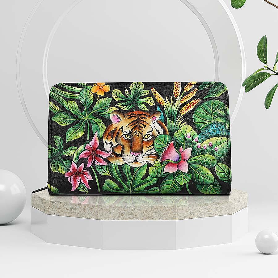 Portable Hand Printed Royal Bengal Tiger Theme Jewellery Organiser (Size 22x13x3Cm) - Green and Multi