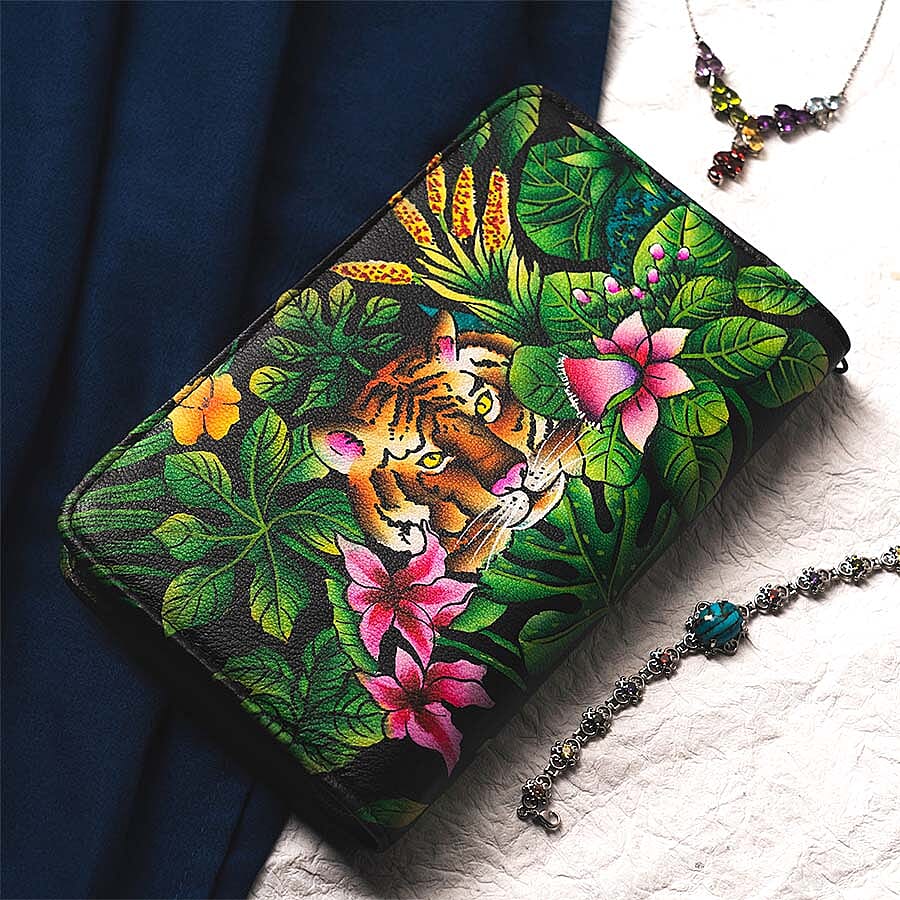 Portable Hand Printed Royal Bengal Tiger Theme Jewellery Organiser (Size 22x13x3Cm) - Green and Multi