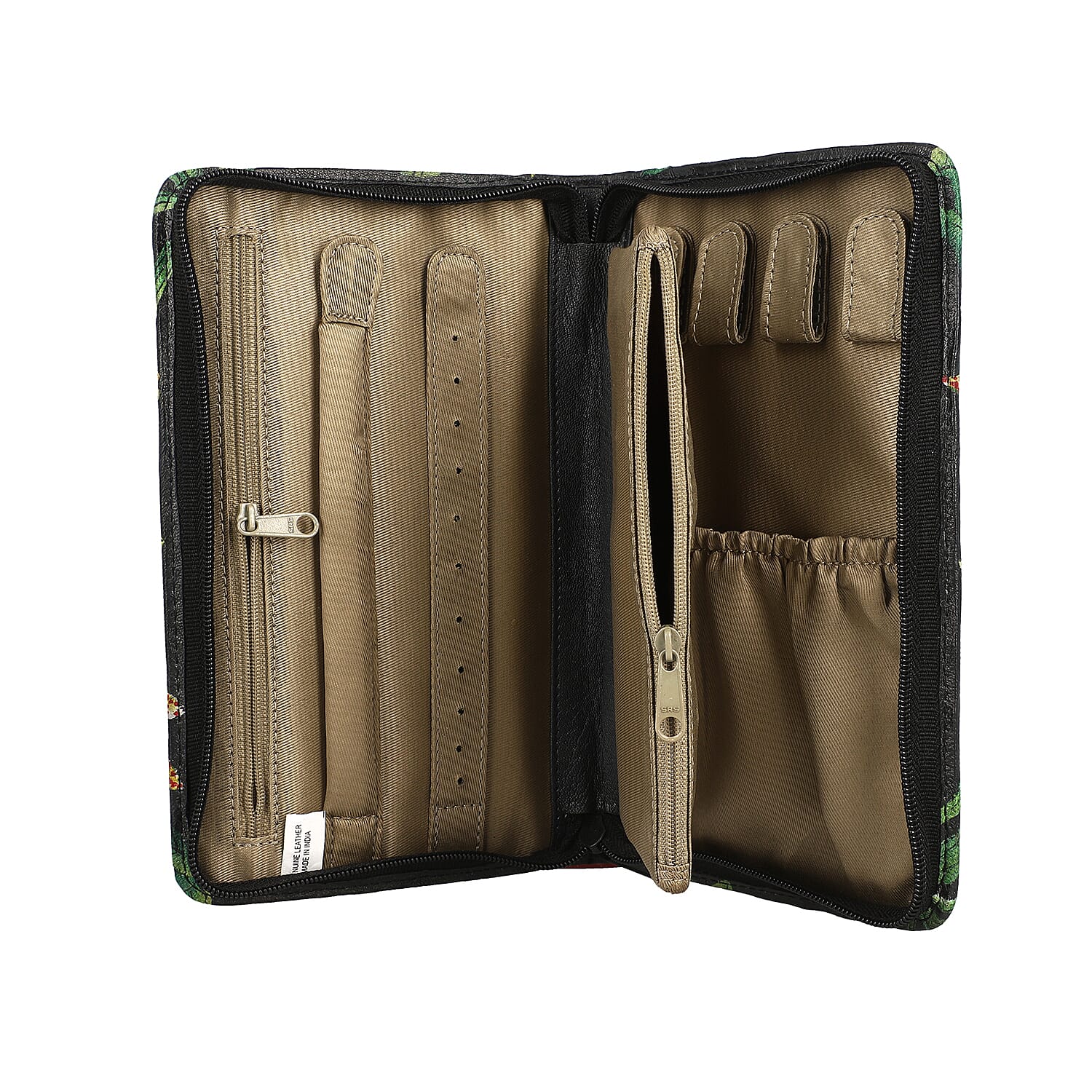 Portable Hand Printed Royal Bengal Tiger Theme Jewellery Organiser (Size 22x13x3Cm) - Green and Multi