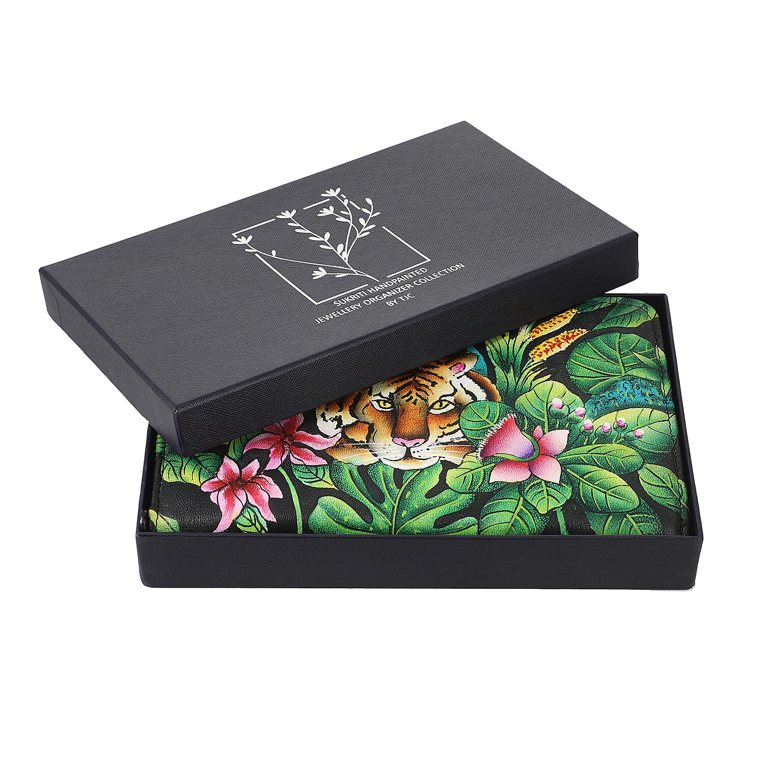 Portable Hand Printed Royal Bengal Tiger Theme Jewellery Organiser (Size 22x13x3Cm) - Green and Multi
