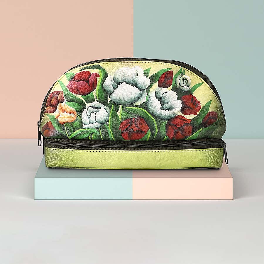 Portable Hand Printed Peony Theme Jewellery Organiser - Light Green