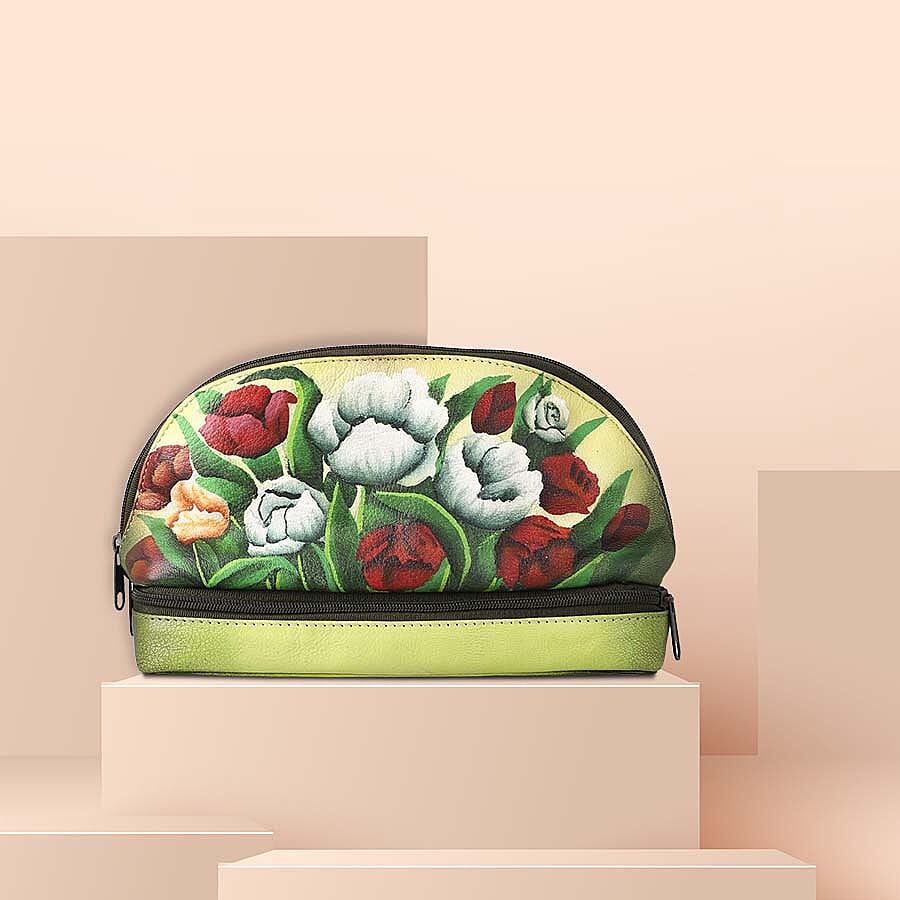 Portable Hand Printed Peony Theme Jewellery Organiser - Light Green