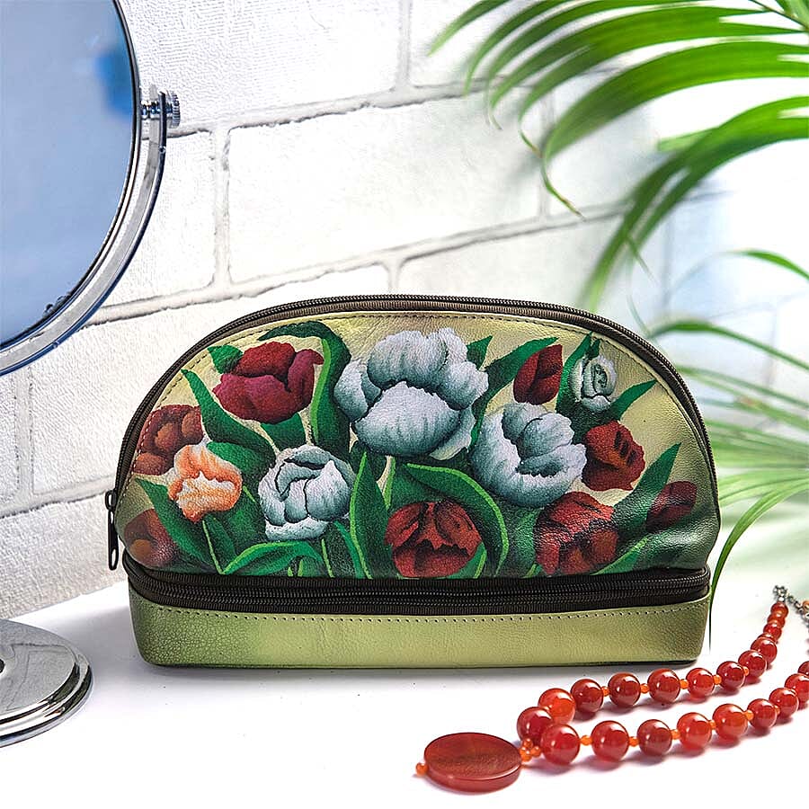 Portable Hand Printed Peony Theme Jewellery Organiser - Light Green