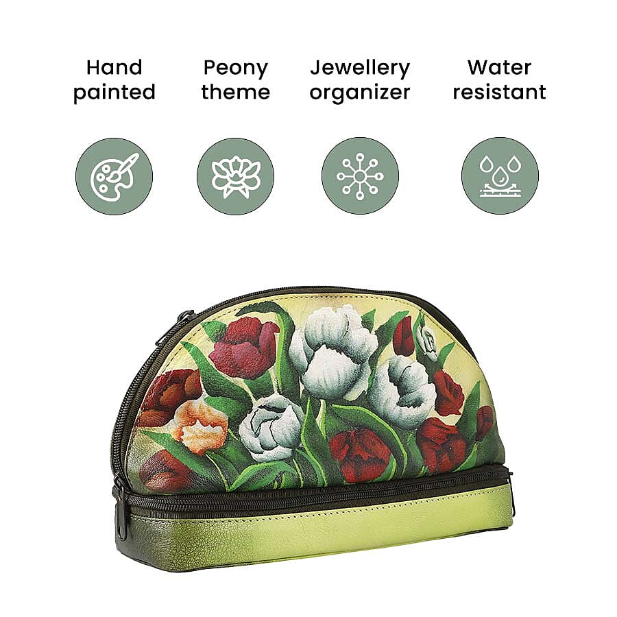 Portable Hand Printed Peony Theme Jewellery Organiser - Light Green
