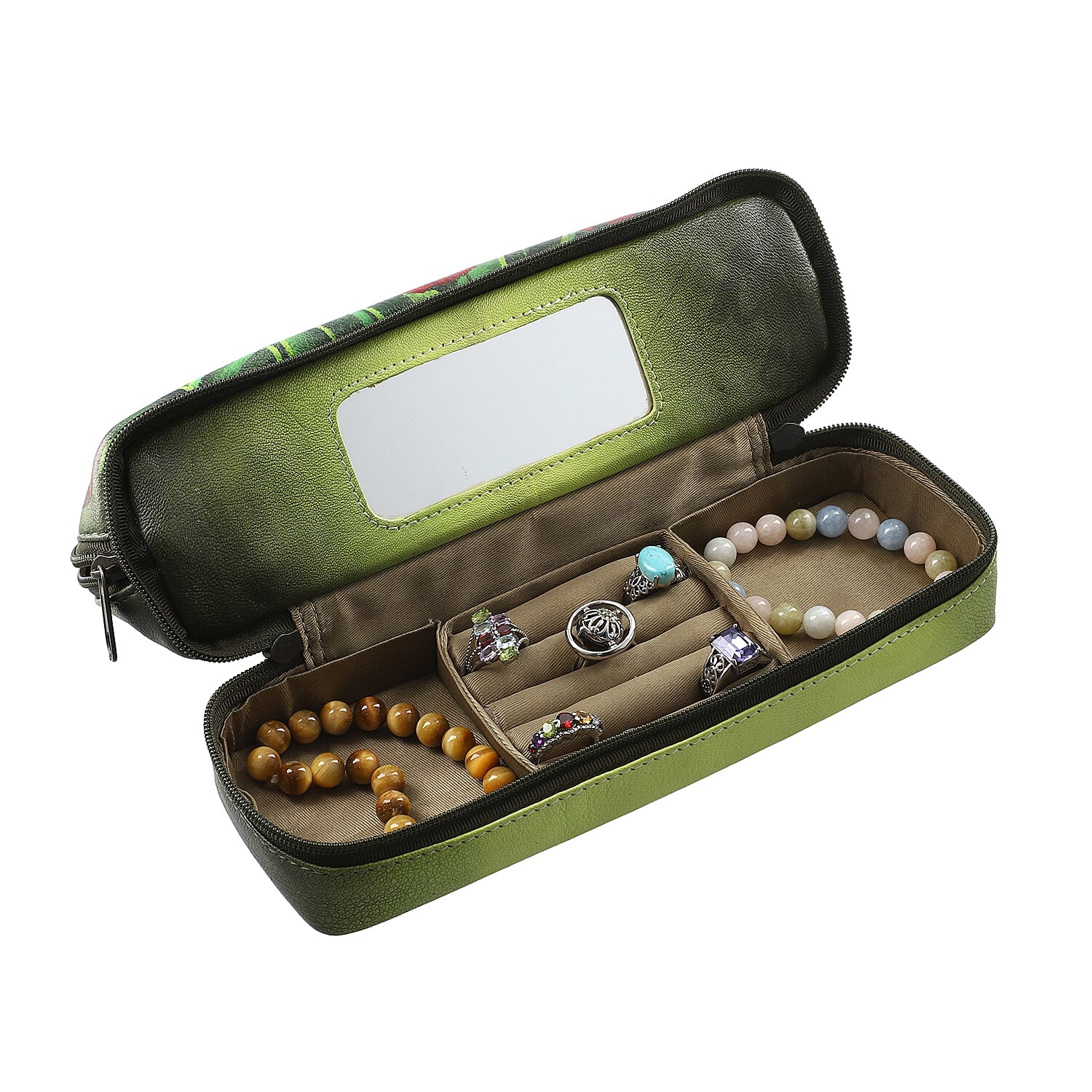 Portable Hand Printed Peony Theme Jewellery Organiser - Light Green