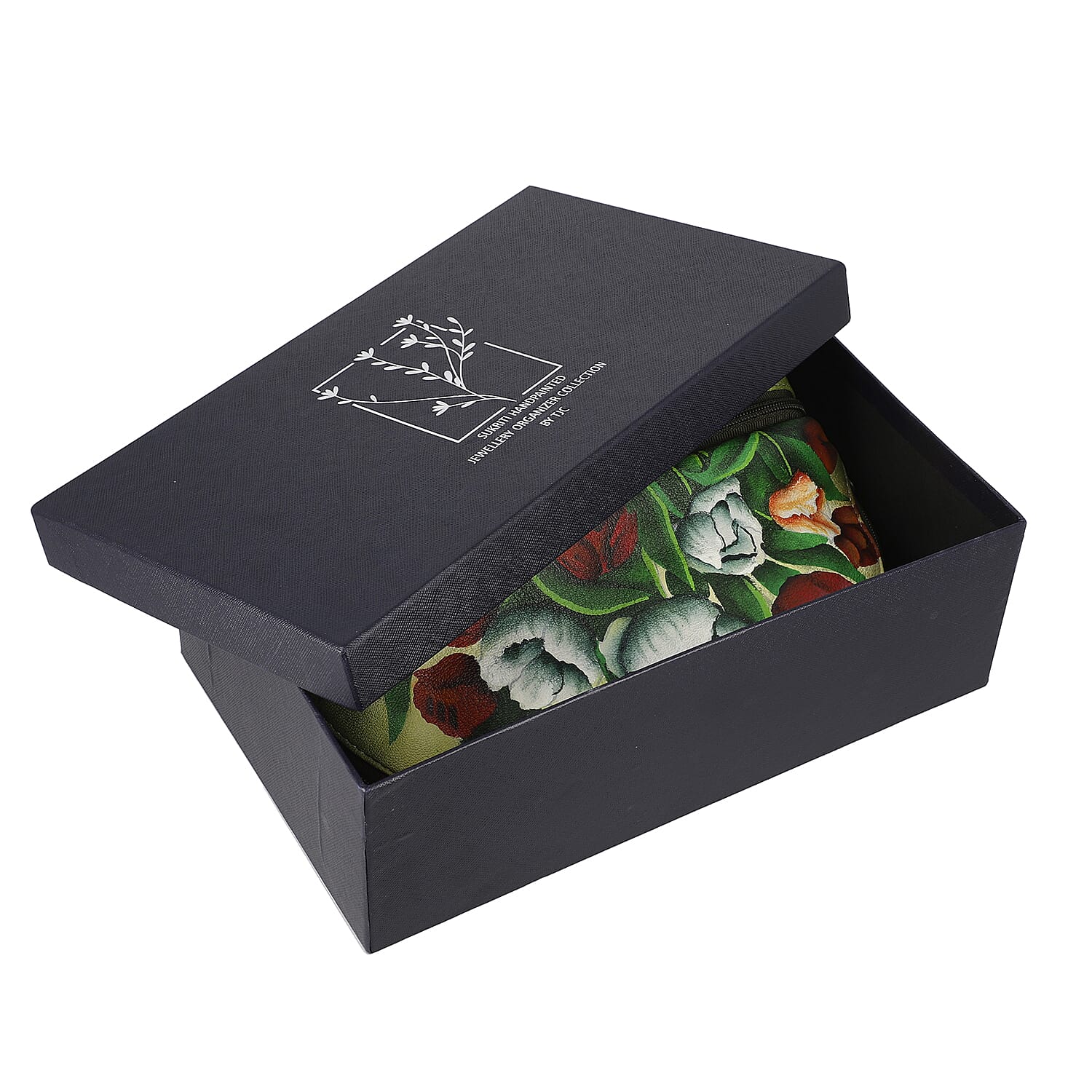 Portable Hand Printed Peony Theme Jewellery Organiser - Light Green