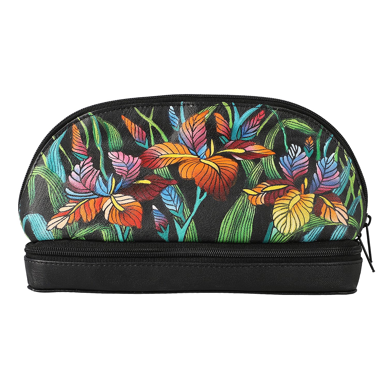 Leather Portable Hand Printed Lily Theme Jewellery Organiser (Size 20x15x8Cm) - Black