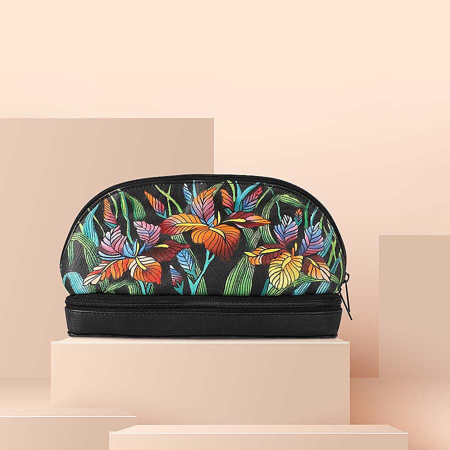 Leather Portable Hand Printed Lily Theme Jewellery Organiser (Size 20x15x8Cm) - Black