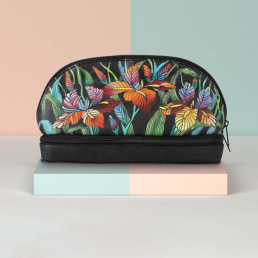 Leather Portable Hand Printed Lily Theme Jewellery Organiser (Size 20x15x8Cm) - Black