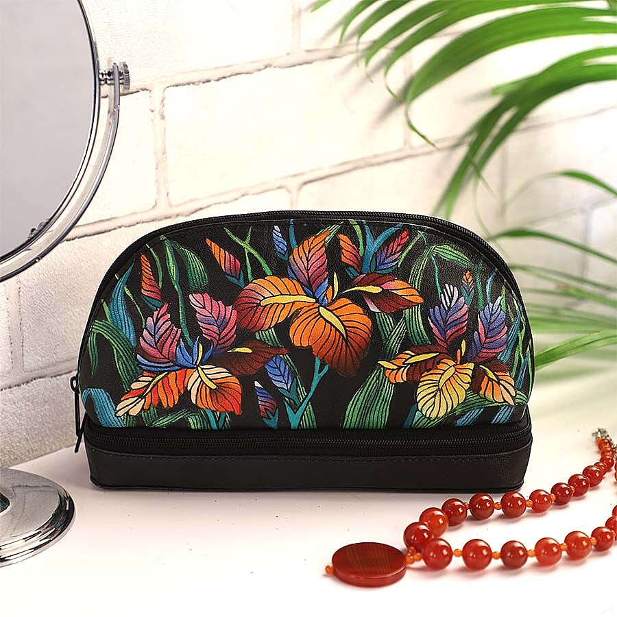 Leather Portable Hand Printed Lily Theme Jewellery Organiser (Size 20x15x8Cm) - Black