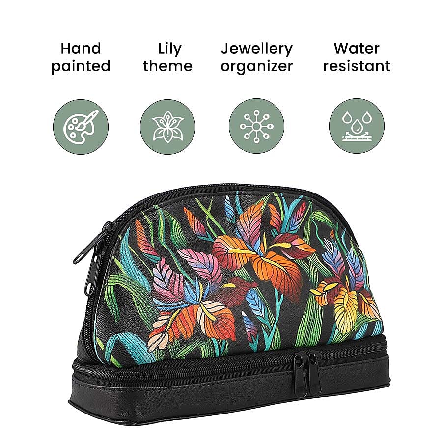 Leather Portable Hand Printed Lily Theme Jewellery Organiser (Size 20x15x8Cm) - Black