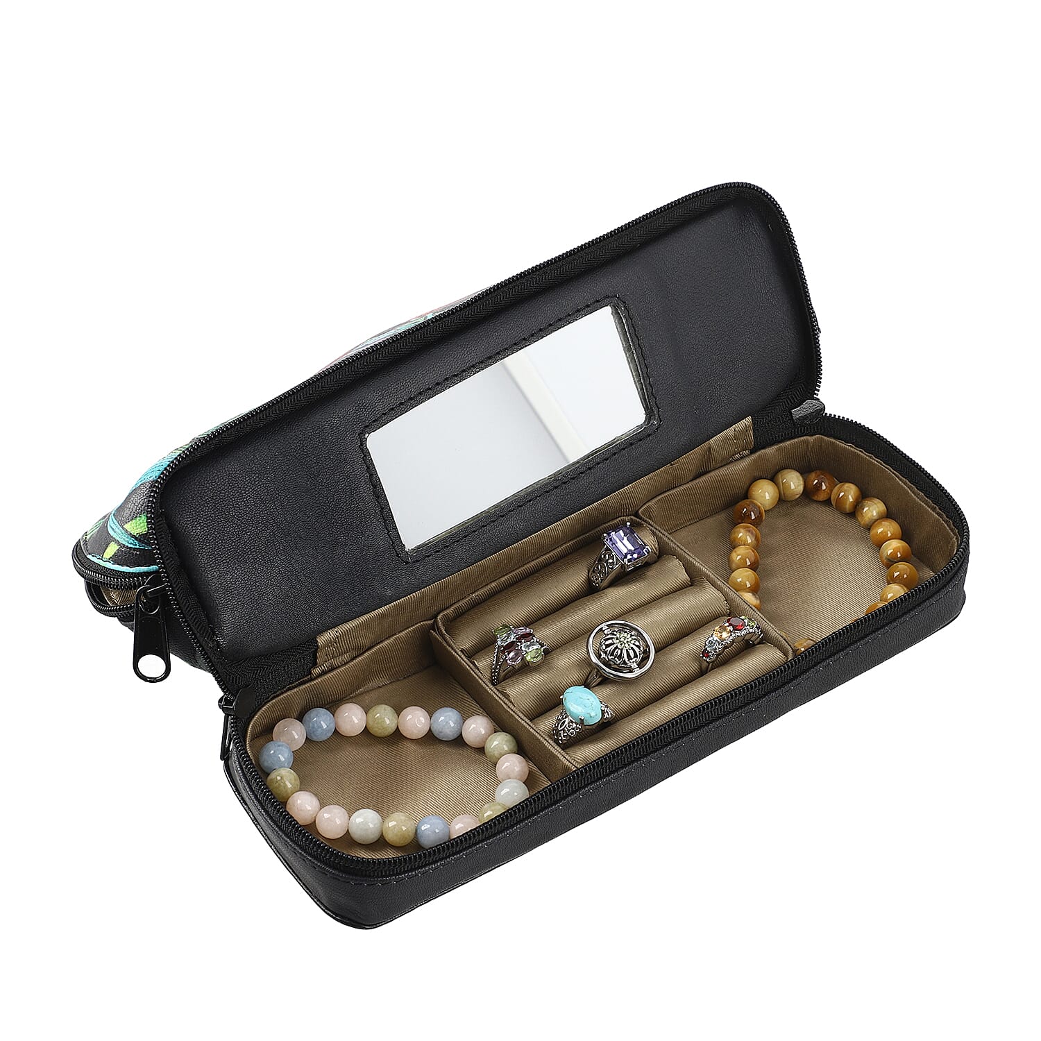 Leather Portable Hand Printed Lily Theme Jewellery Organiser (Size 20x15x8Cm) - Black