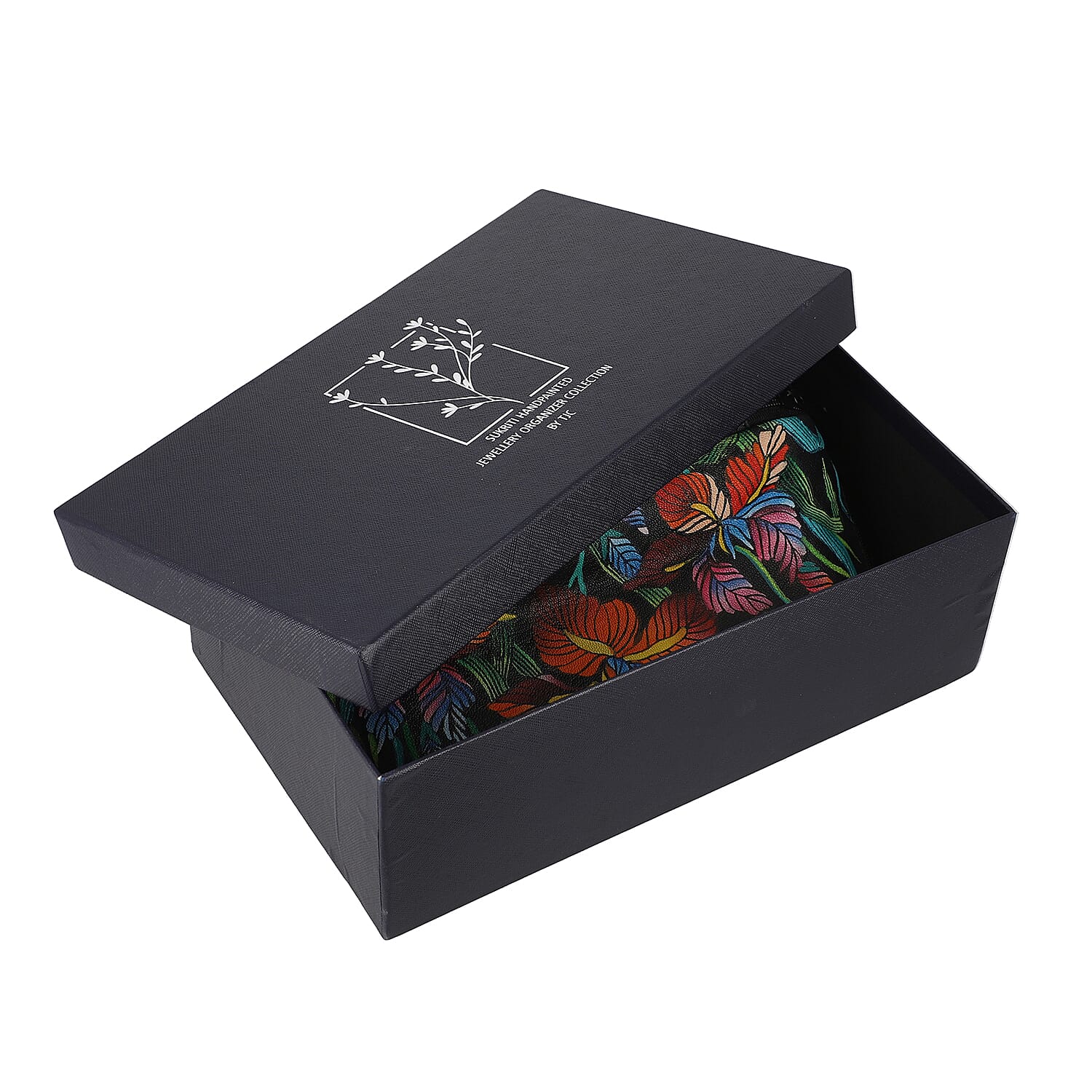 Leather Portable Hand Printed Lily Theme Jewellery Organiser (Size 20x15x8Cm) - Black