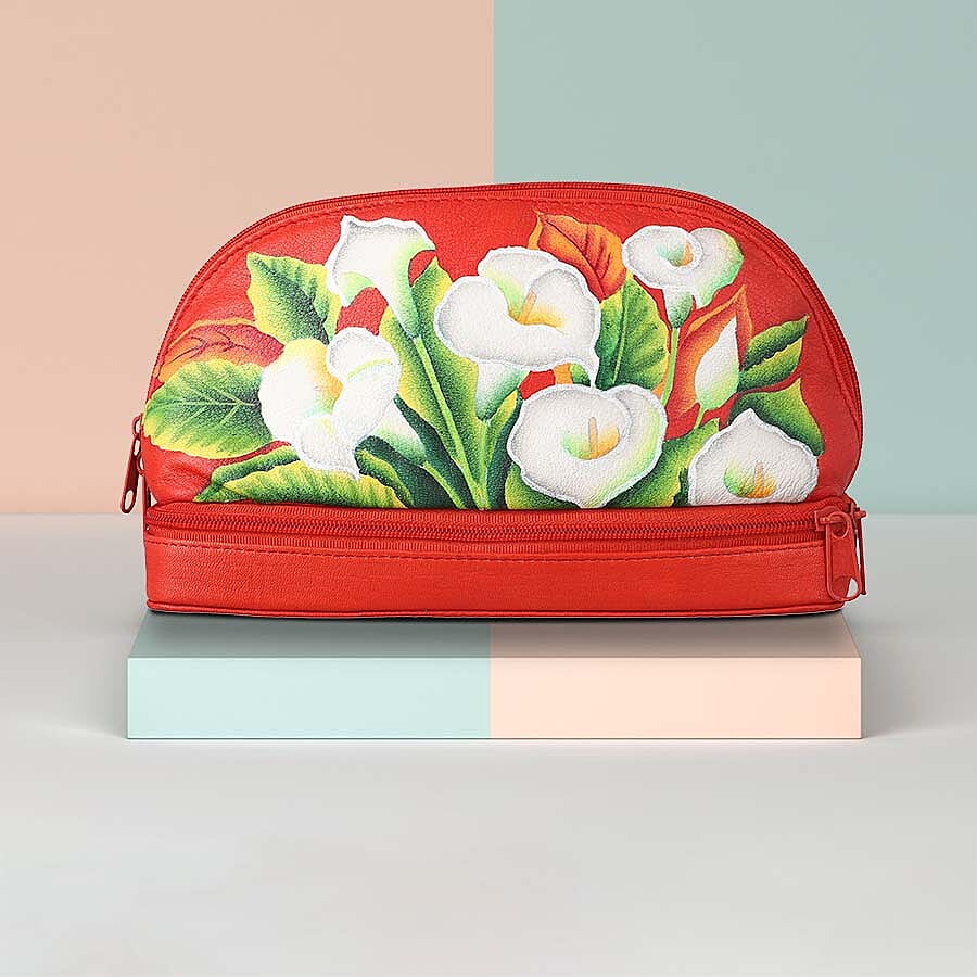 Leather Portable Hand Printed Calla Lilies Theme Jewellery Organiser (Size 20x15x8Cm) - Red