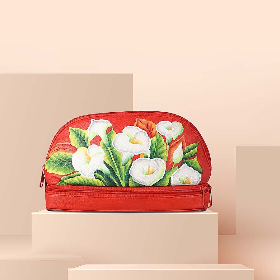 Leather Portable Hand Printed Calla Lilies Theme Jewellery Organiser (Size 20x15x8Cm) - Red
