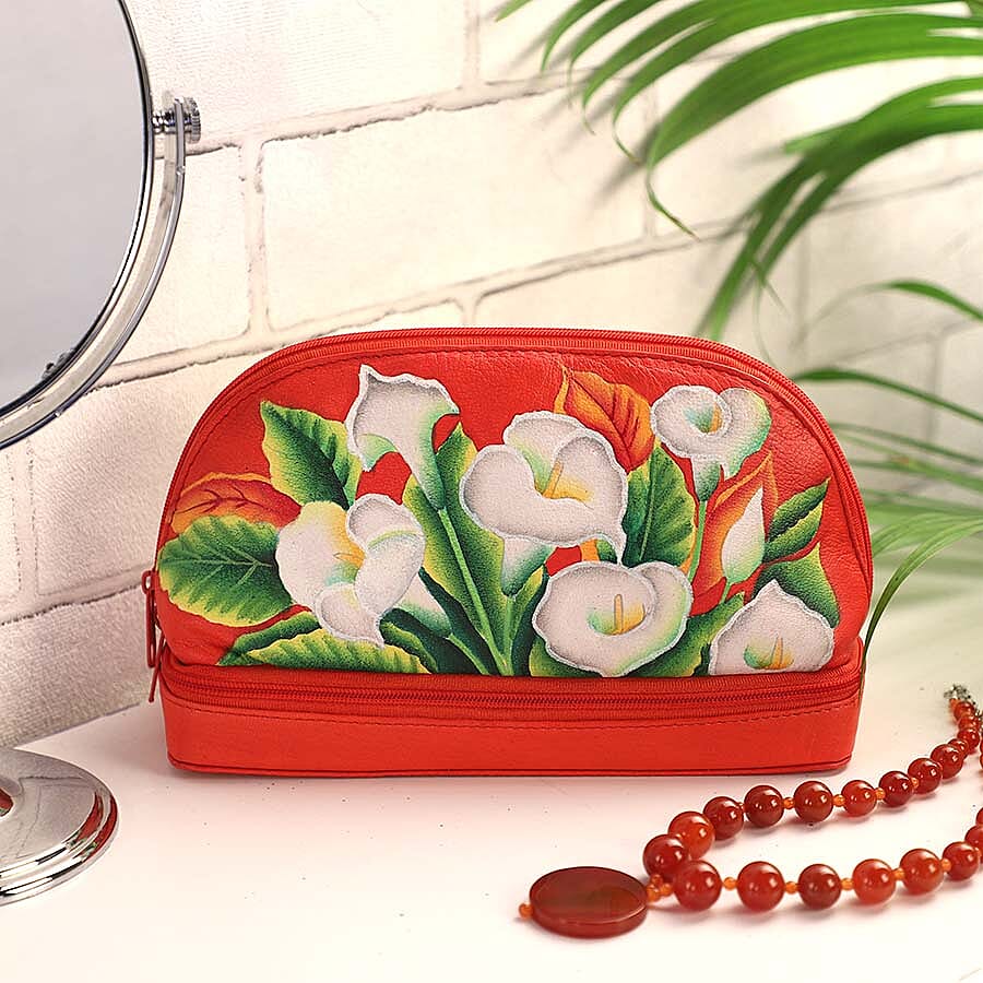 Leather Portable Hand Printed Calla Lilies Theme Jewellery Organiser (Size 20x15x8Cm) - Red