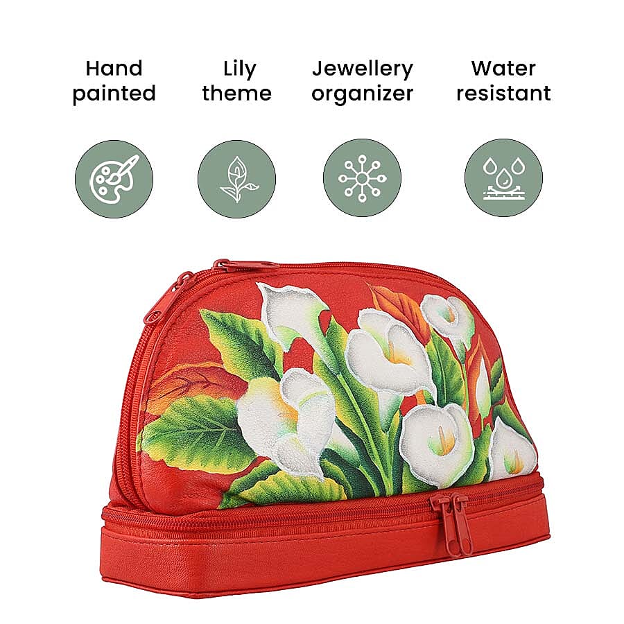 Leather Portable Hand Printed Calla Lilies Theme Jewellery Organiser (Size 20x15x8Cm) - Red