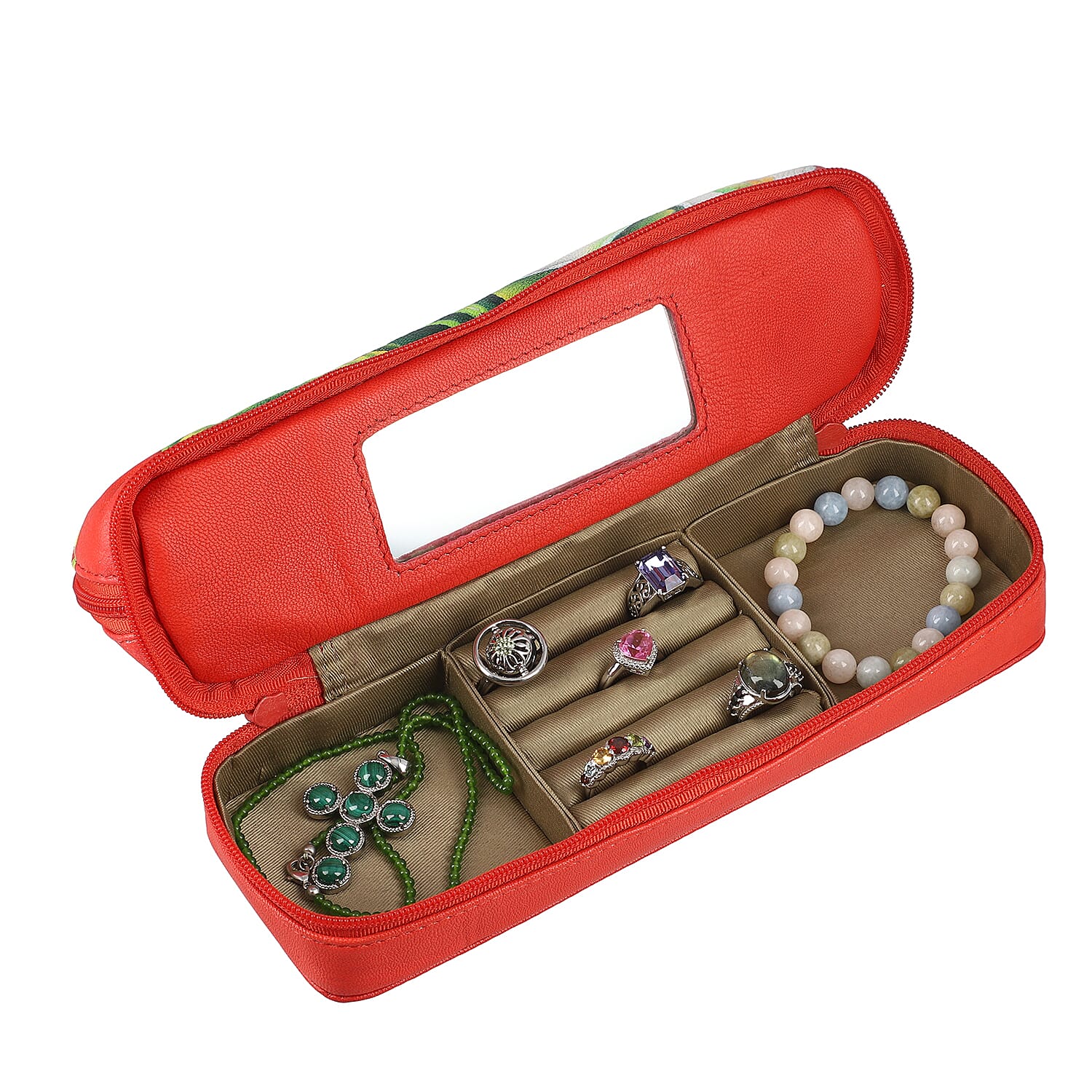 Leather Portable Hand Printed Calla Lilies Theme Jewellery Organiser (Size 20x15x8Cm) - Red