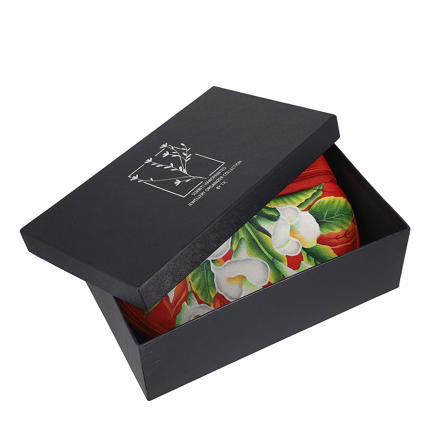 Leather Portable Hand Printed Calla Lilies Theme Jewellery Organiser (Size 20x15x8Cm) - Red