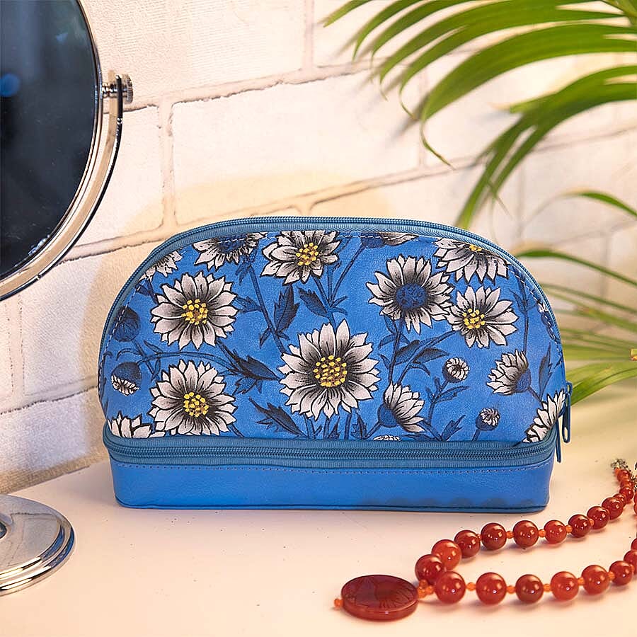 Portable Hand Printed Daisy Theme Jewellery Organiser (Size 20x15x8Cm) - Blue