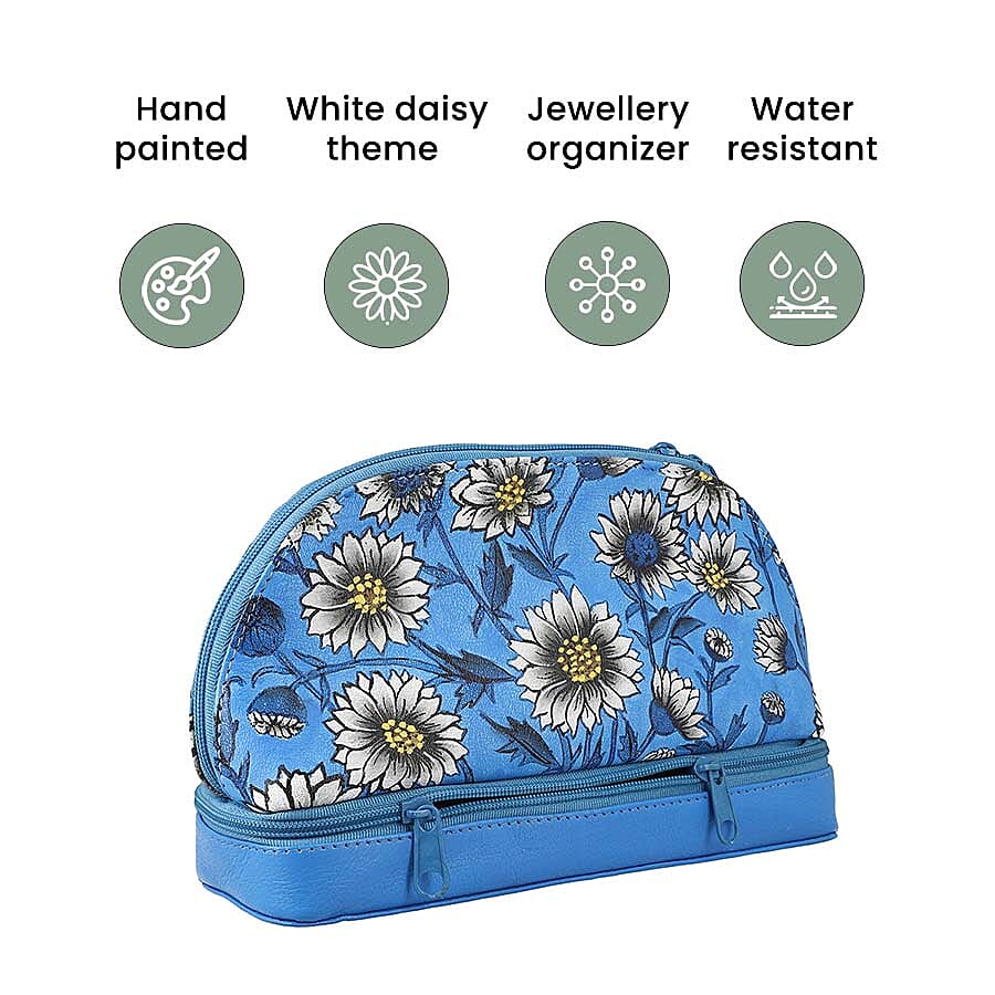 Portable Hand Printed Daisy Theme Jewellery Organiser (Size 20x15x8Cm) - Blue