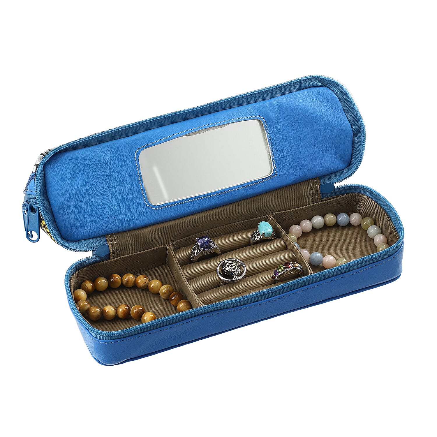 Portable Hand Printed Daisy Theme Jewellery Organiser (Size 20x15x8Cm) - Blue