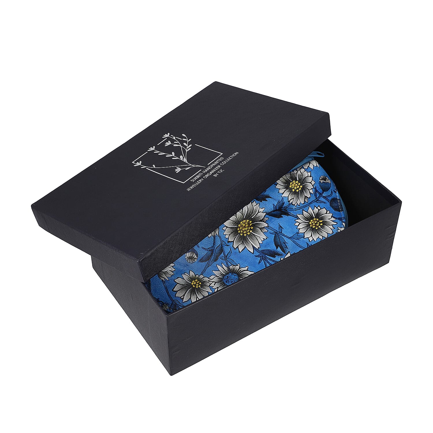 Portable Hand Printed Daisy Theme Jewellery Organiser (Size 20x15x8Cm) - Blue