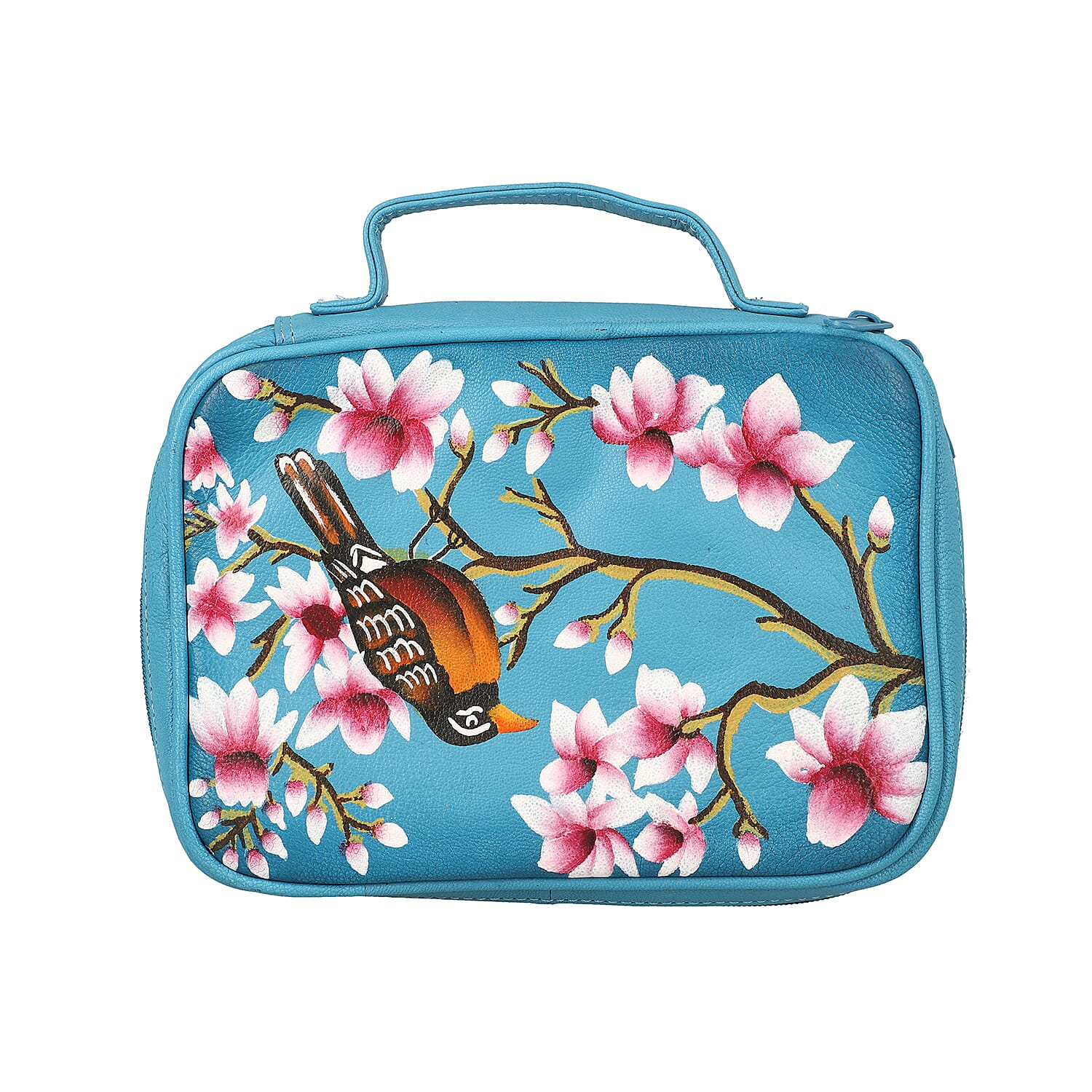 Portable Hand Printed Sparrow Theme Jewellery Organiser - Teal