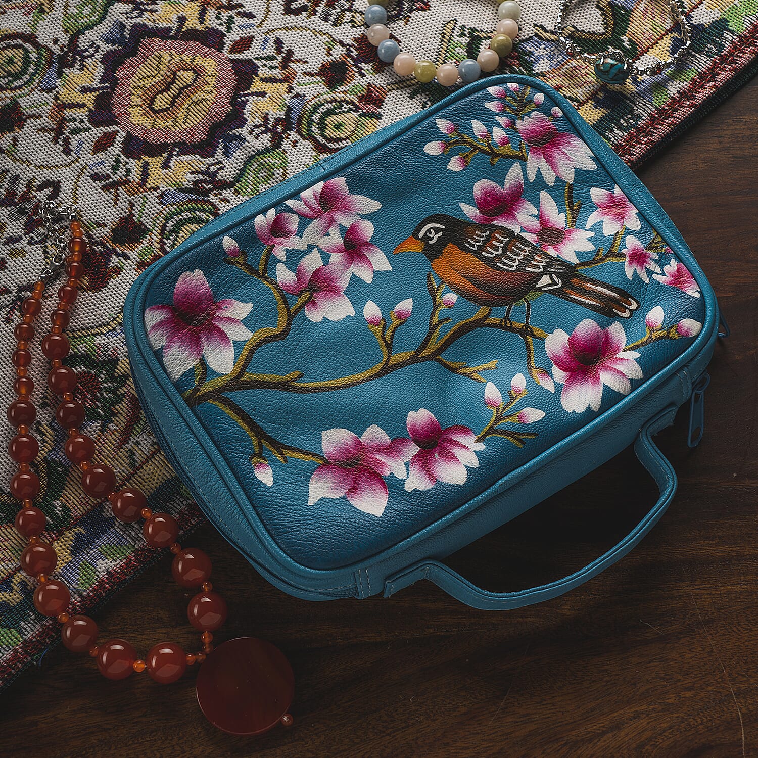 Portable Hand Printed Sparrow Theme Jewellery Organiser - Teal