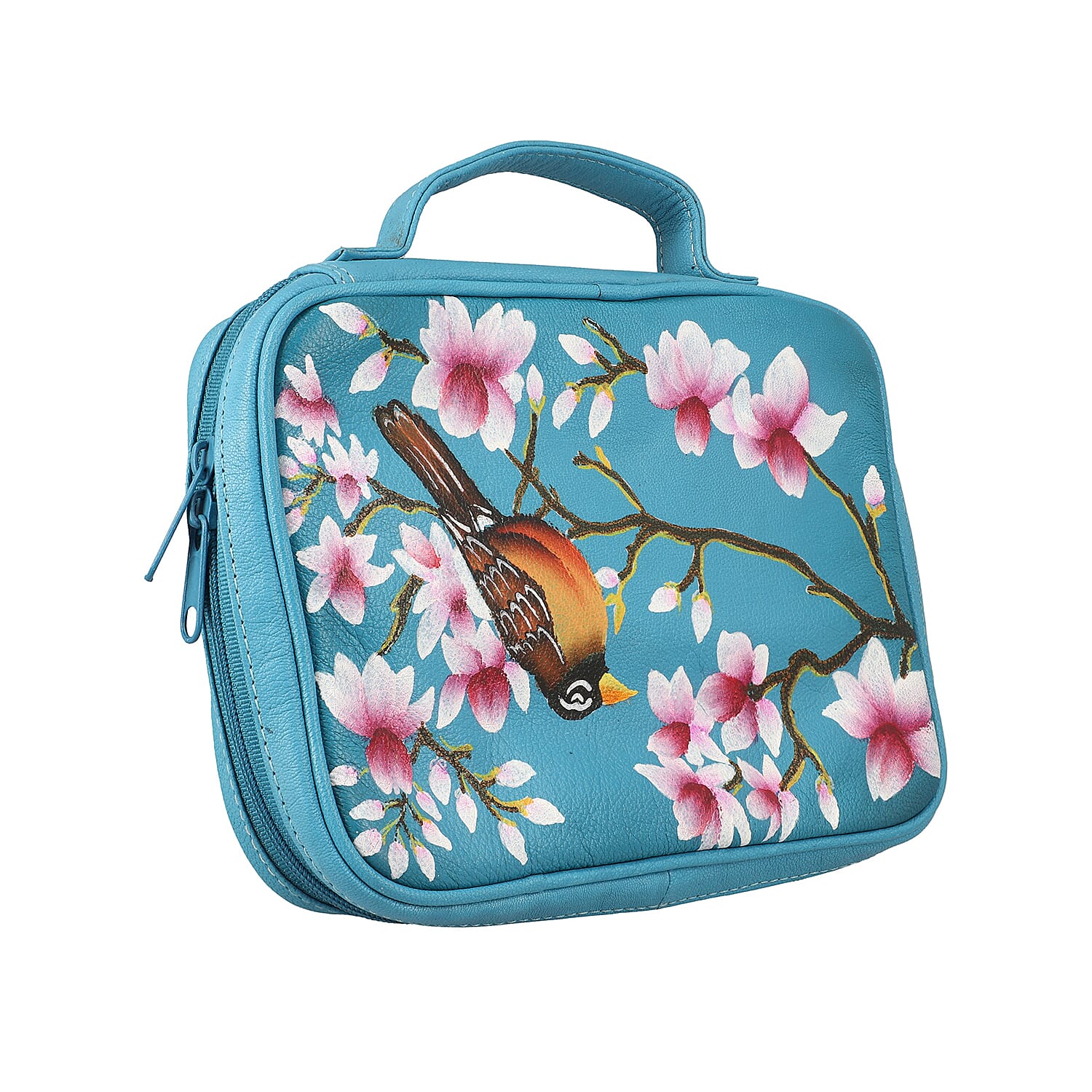 Portable Hand Printed Sparrow Theme Jewellery Organiser - Teal