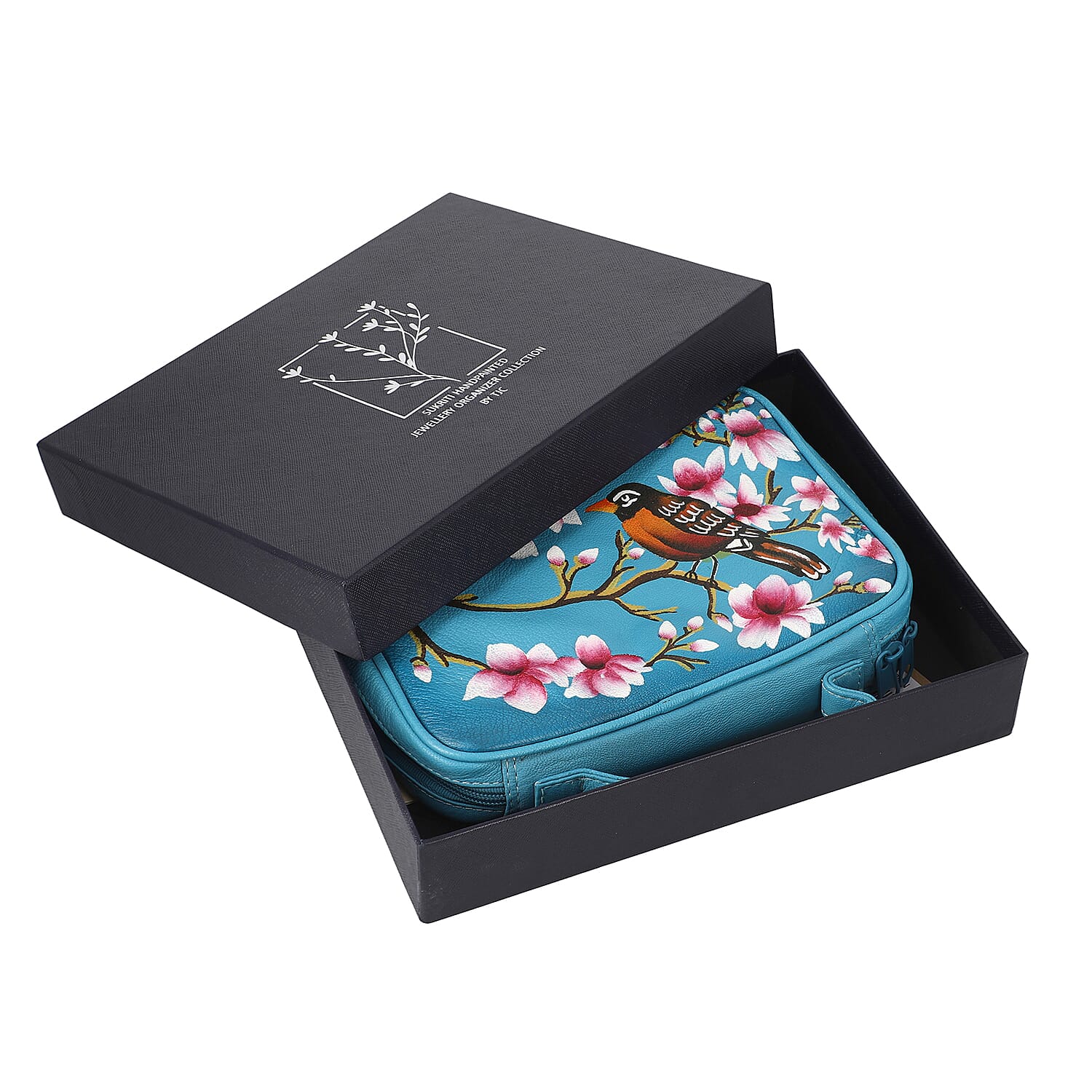 Portable Hand Printed Sparrow Theme Jewellery Organiser - Teal