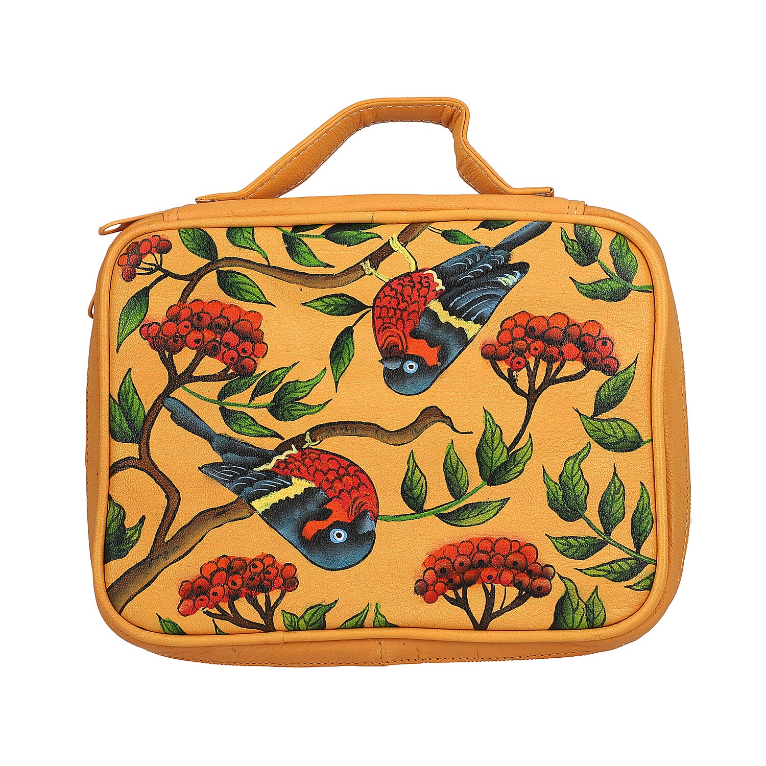 Portable Hand Painted Rainbow Lorikeet Theme Genuine Leather Jewellery Organiser - Orange