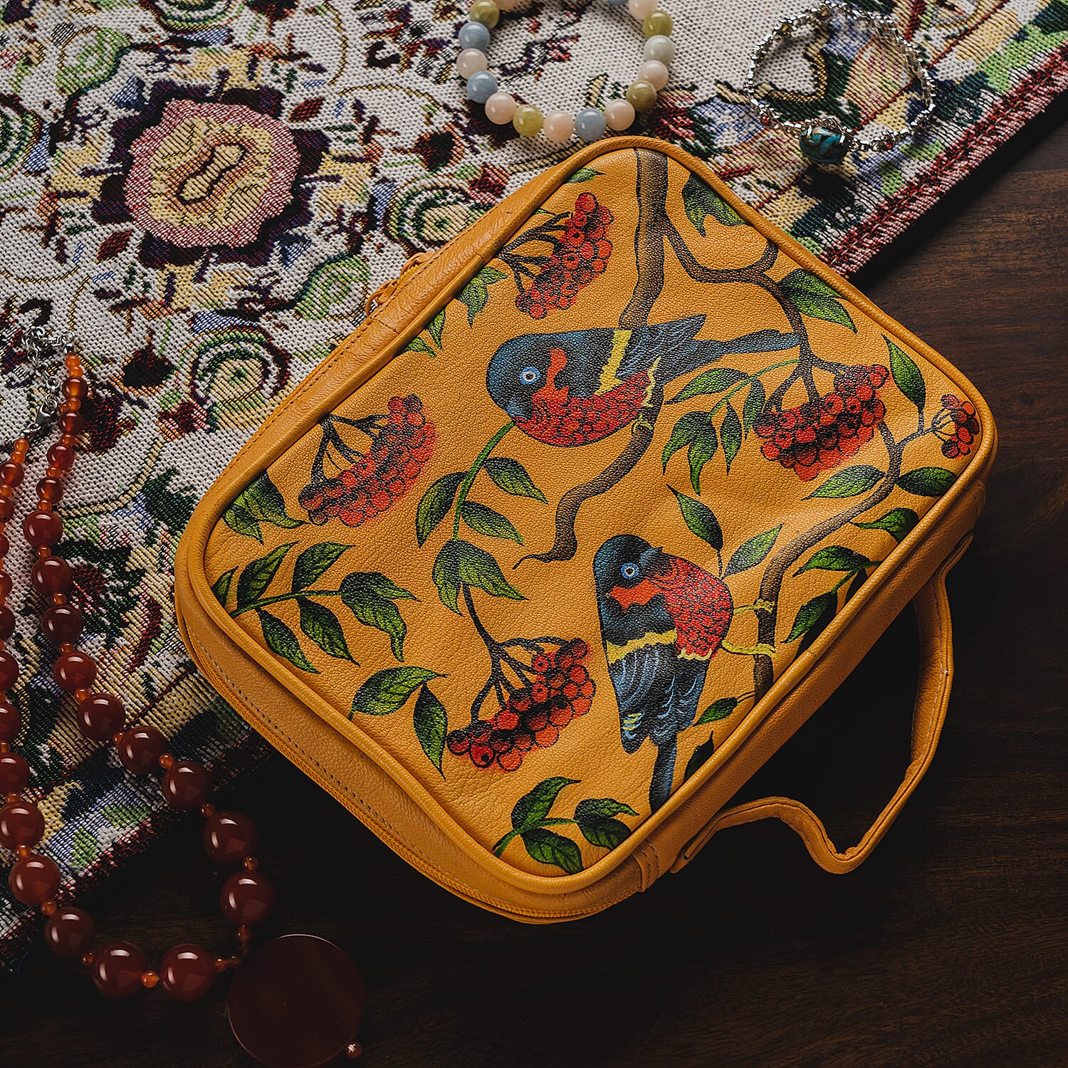 Portable Hand Painted Rainbow Lorikeet Theme Genuine Leather Jewellery Organiser - Orange