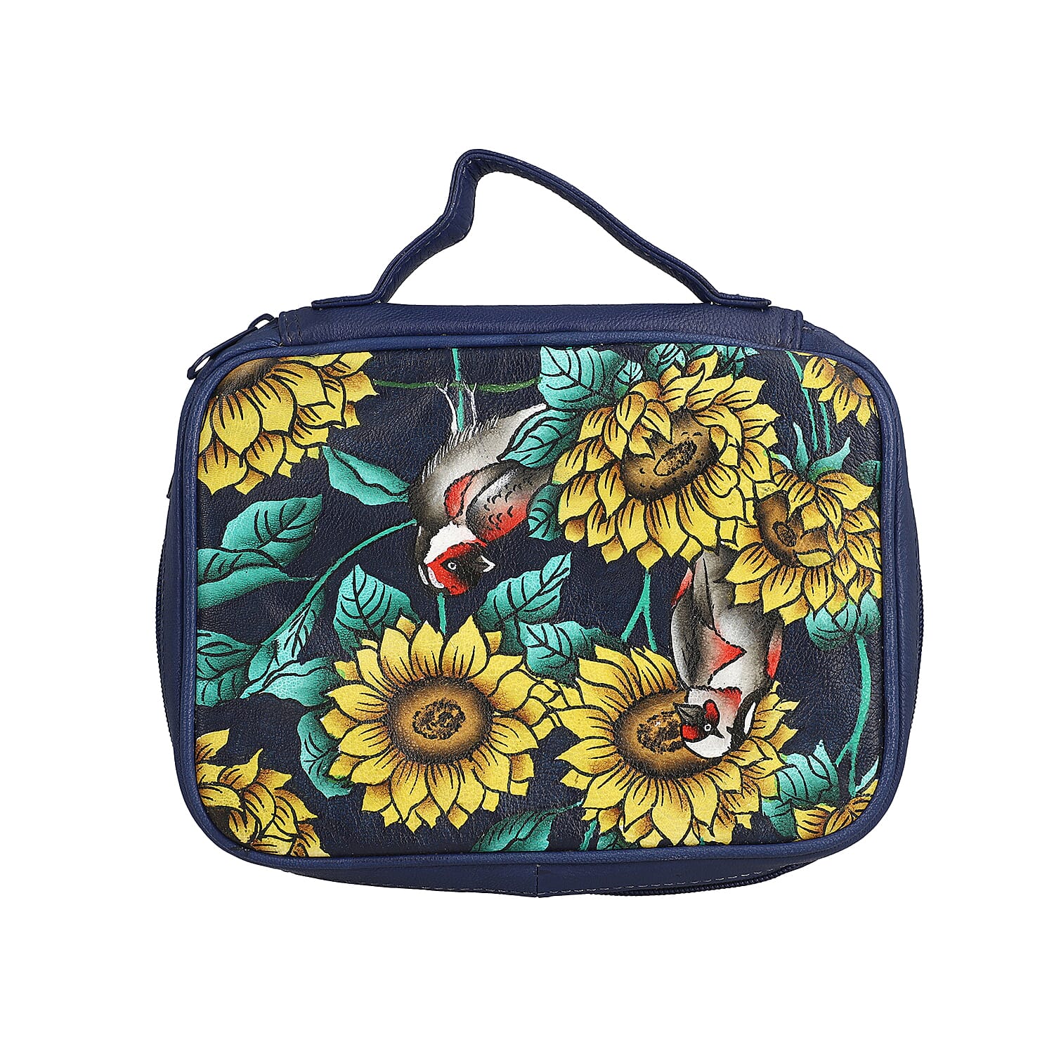 Portable Hand Painted Sunflower Theme Genuine Leather Jewellery Organiser - Navy