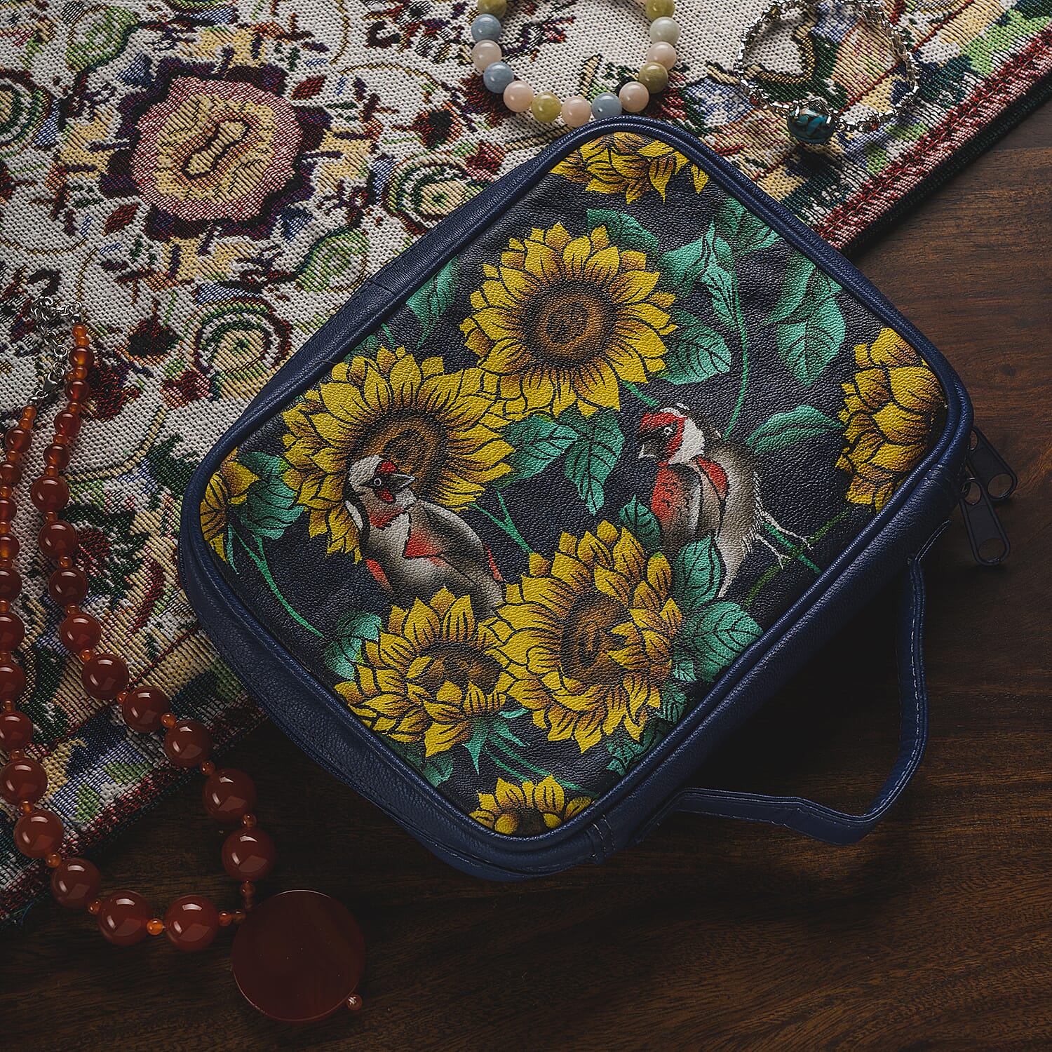 Portable Hand Painted Sunflower Theme Genuine Leather Jewellery Organiser - Navy