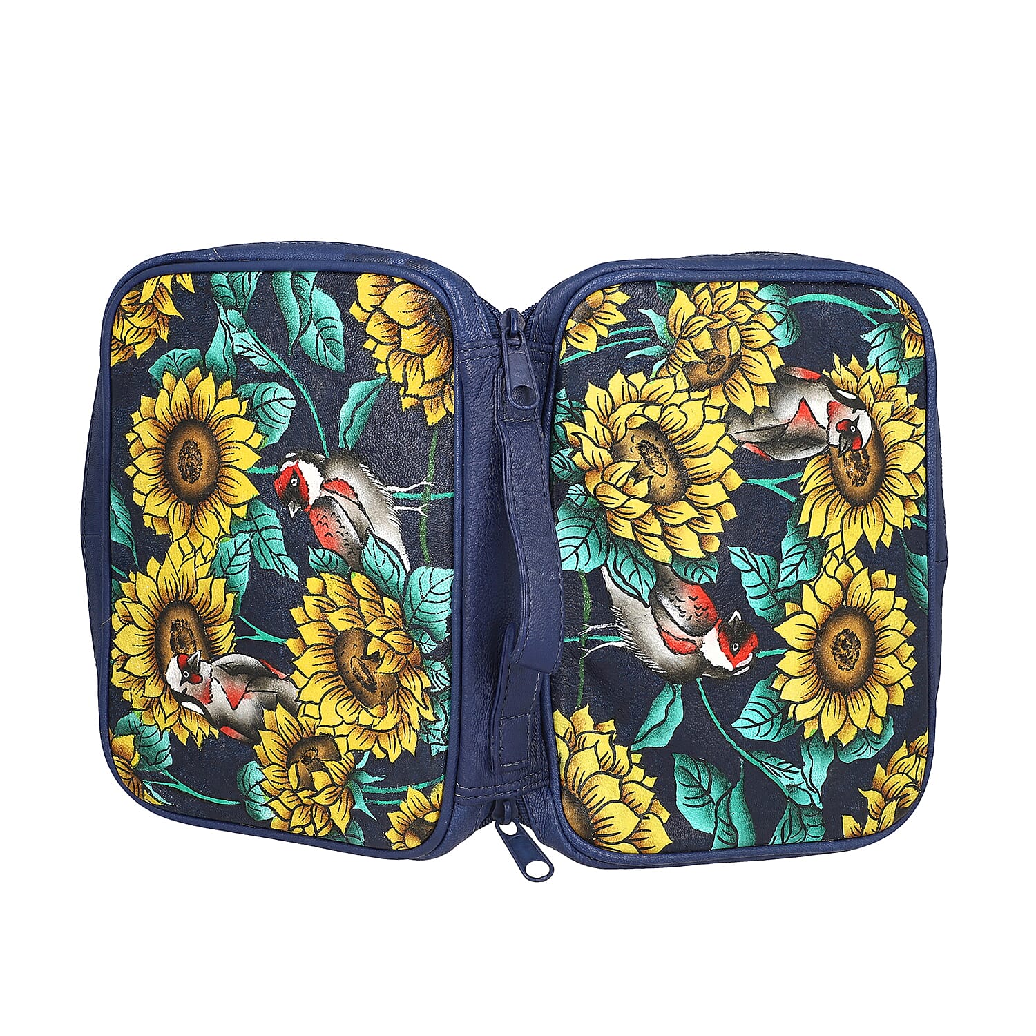 Portable Hand Painted Sunflower Theme Genuine Leather Jewellery Organiser - Navy