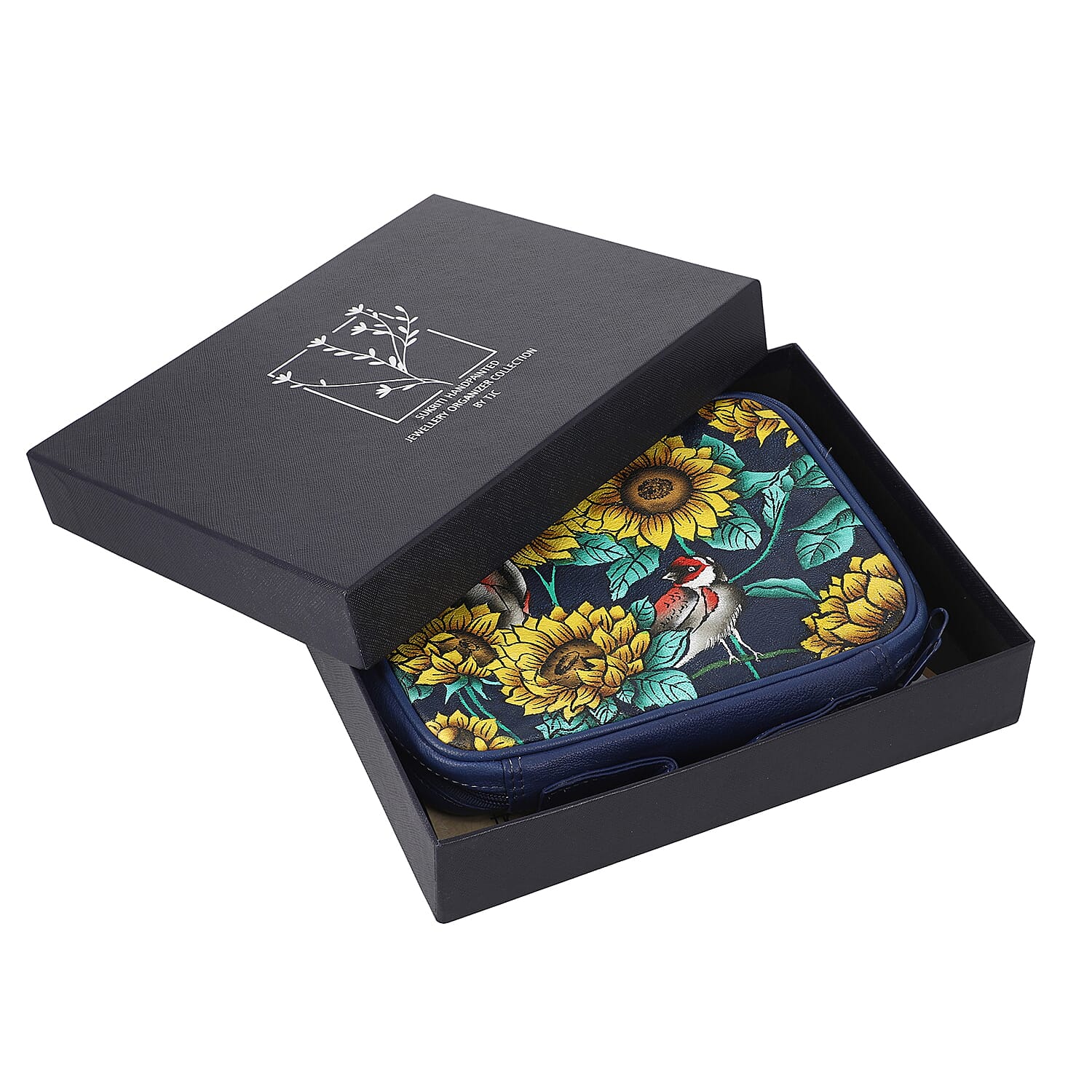 Portable Hand Painted Sunflower Theme Genuine Leather Jewellery Organiser - Navy