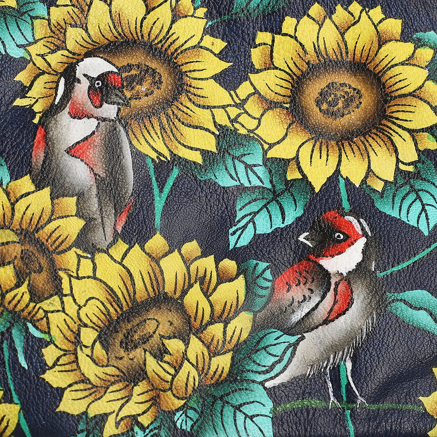 Portable Hand Painted Sunflower Theme Genuine Leather Jewellery Organiser - Navy