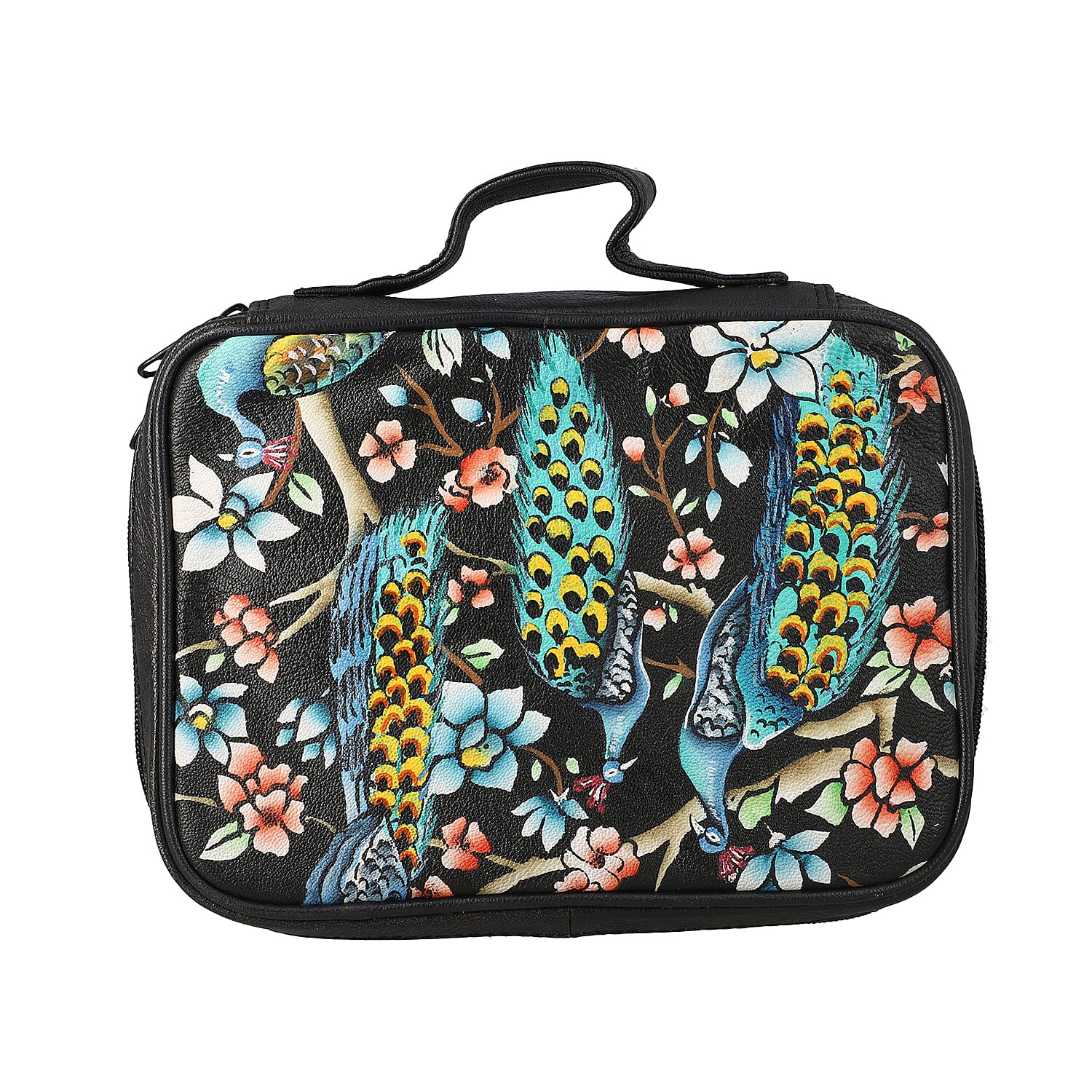 Portable Hand Painted Peacock Theme Genuine Leather Jewellery Organiser - Black