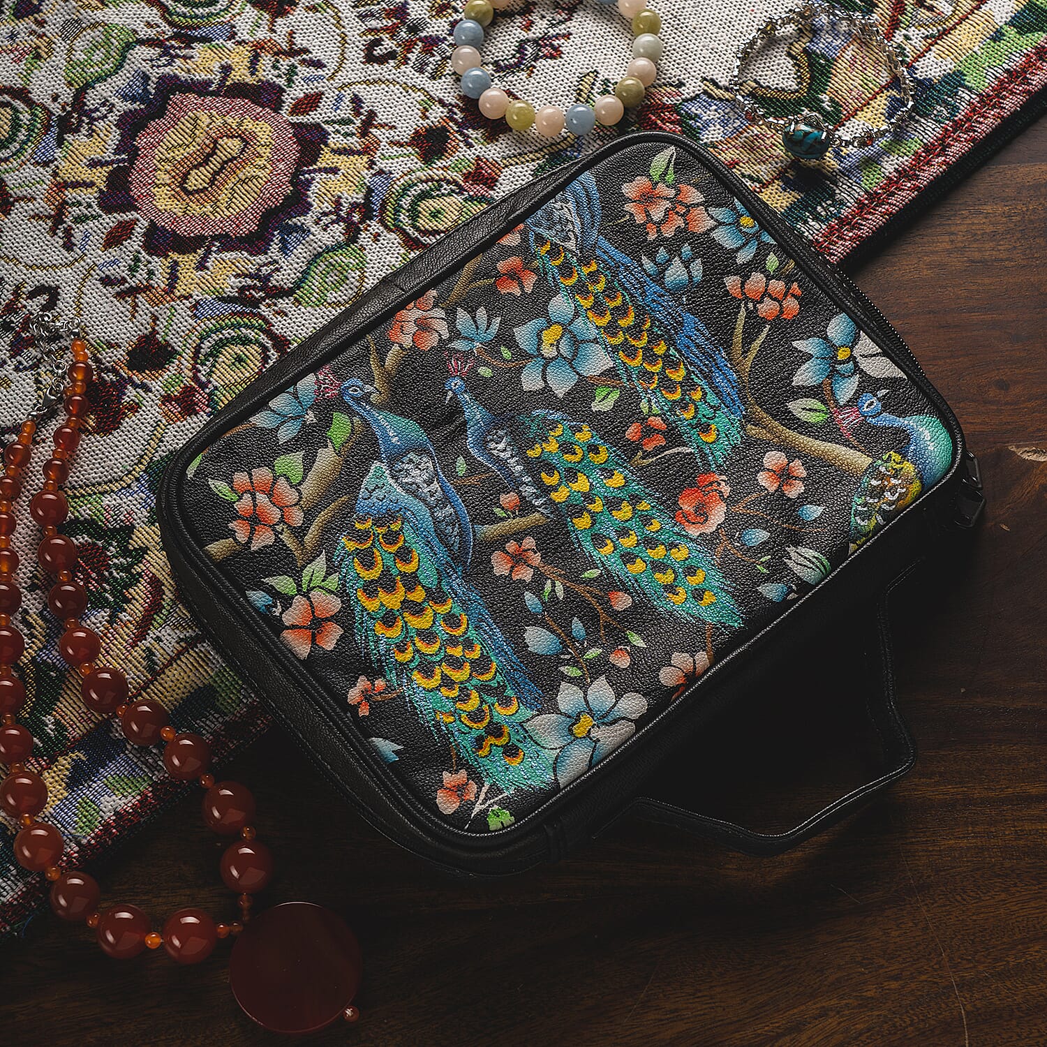 Portable Hand Painted Peacock Theme Genuine Leather Jewellery Organiser - Black