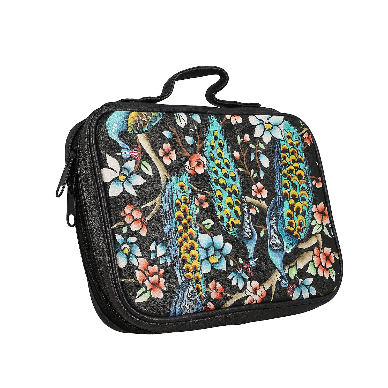 Portable Hand Painted Peacock Theme Genuine Leather Jewellery Organiser - Black