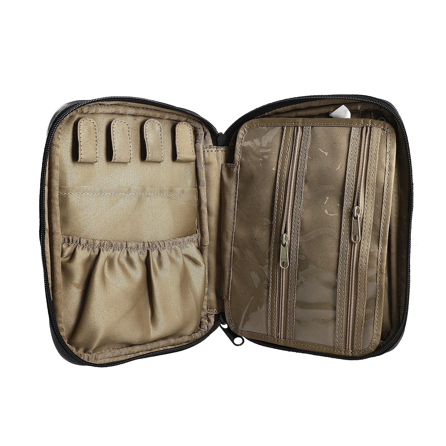 Portable Hand Painted Peacock Theme Genuine Leather Jewellery Organiser - Black