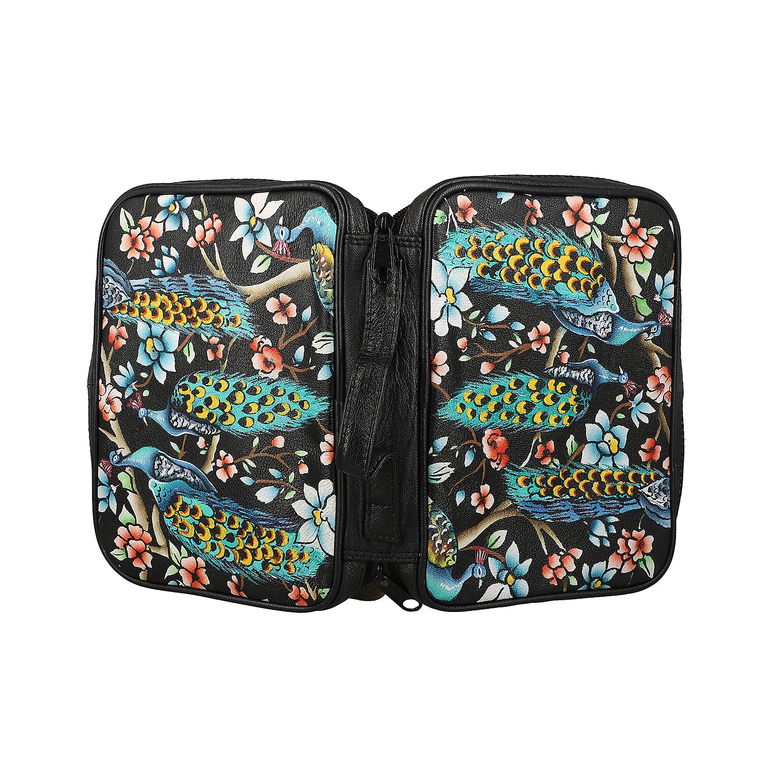 Portable Hand Painted Peacock Theme Genuine Leather Jewellery Organiser - Black