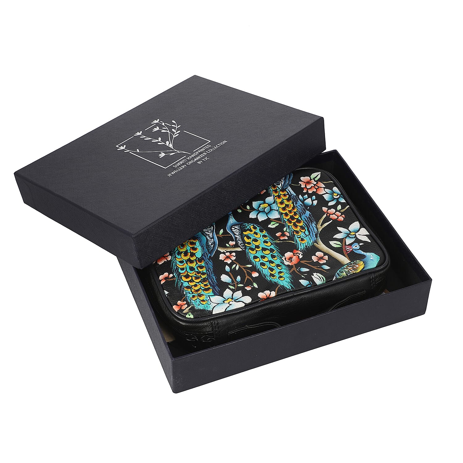 Portable Hand Painted Peacock Theme Genuine Leather Jewellery Organiser - Black