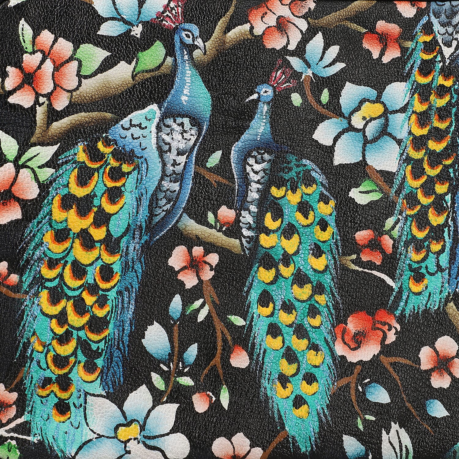 Portable Hand Painted Peacock Theme Genuine Leather Jewellery Organiser - Black