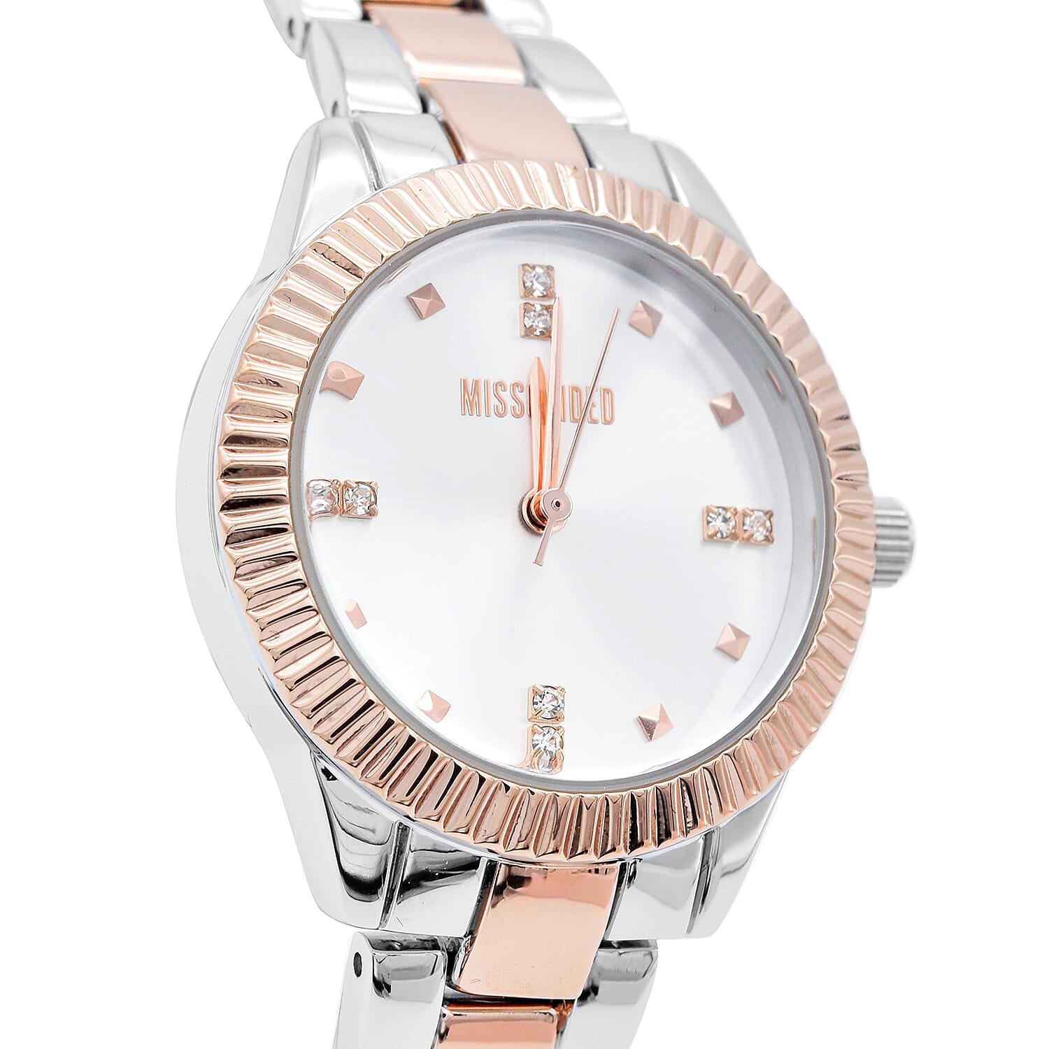 MISSGUIDED Silver Dial Rose Gold Bezel Watch in Silver & Rose Gold Tone with Chain Strap