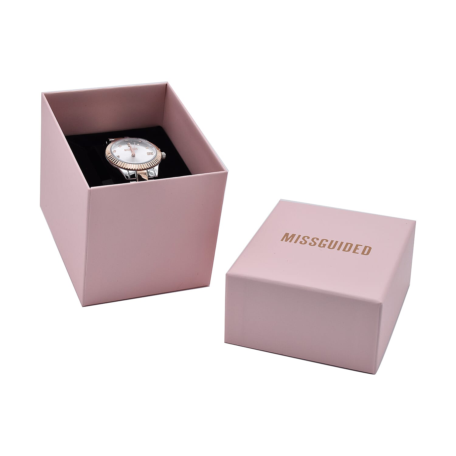 MISSGUIDED Silver Dial Rose Gold Bezel Watch in Silver & Rose Gold Tone with Chain Strap