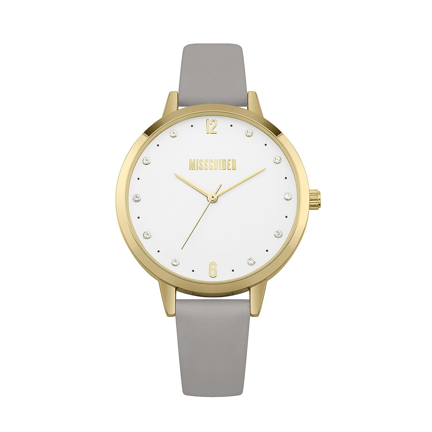 MISSGUIDED Watch with Gold Case, Round White Dial and Grey Padded Strap