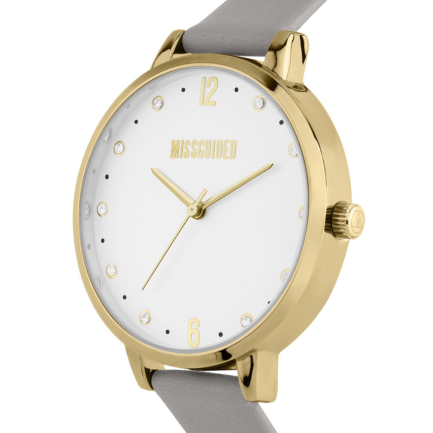 MISSGUIDED Watch with Gold Case, Round White Dial and Grey Padded Strap